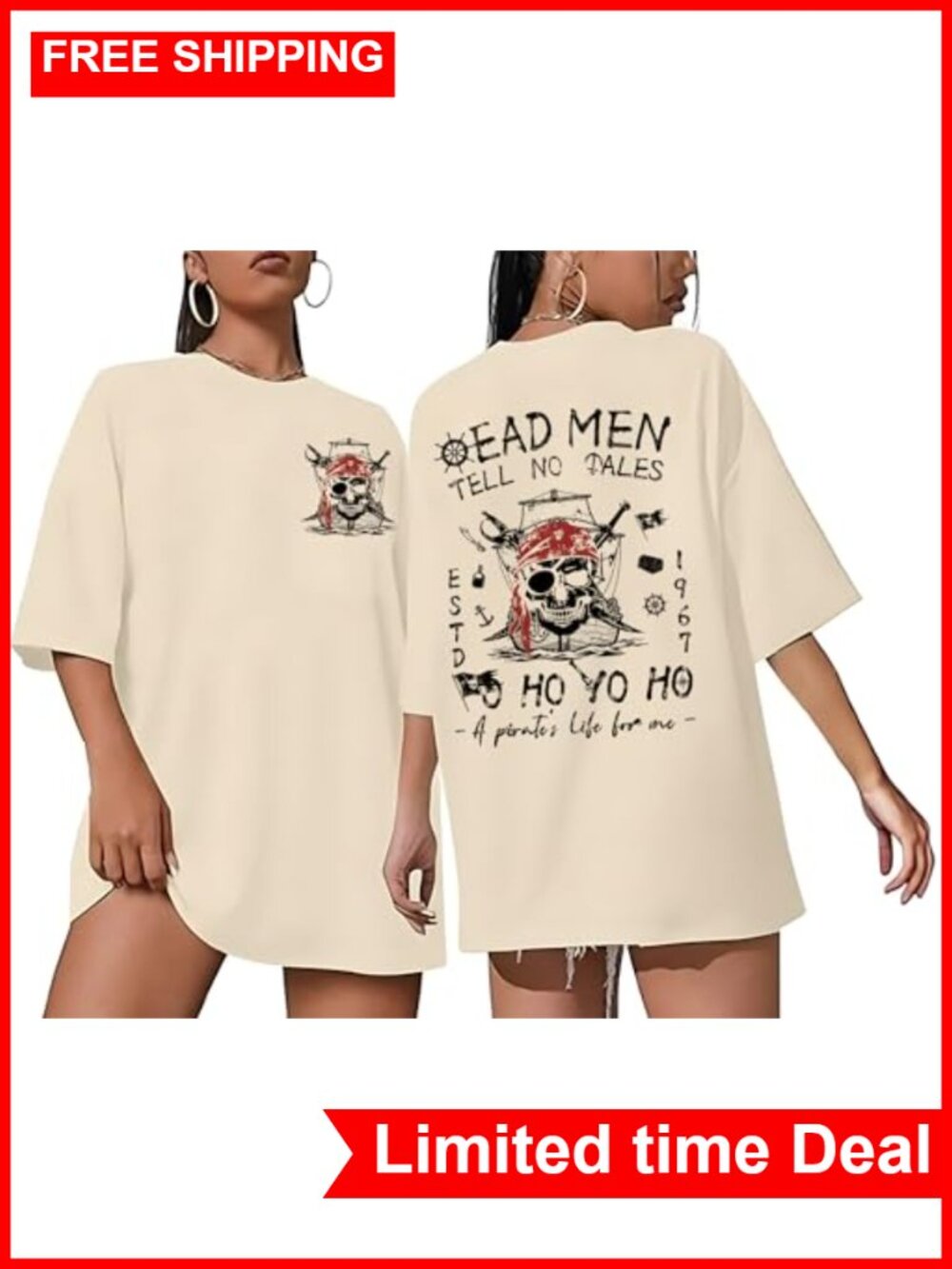 Oversized Pirate Skeleton Skull Graphic Tee for Women
